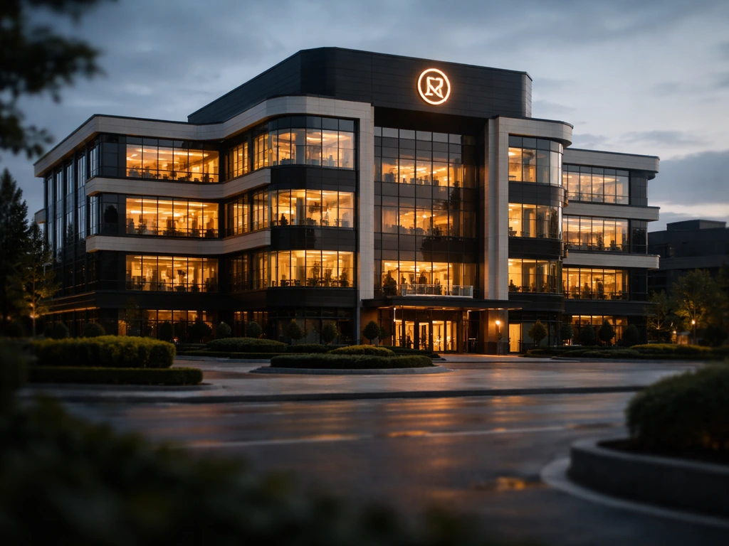 Quiet view of a modern casino headquarters building exterior in Serbia at dusk, reflecting luxury finance theme.