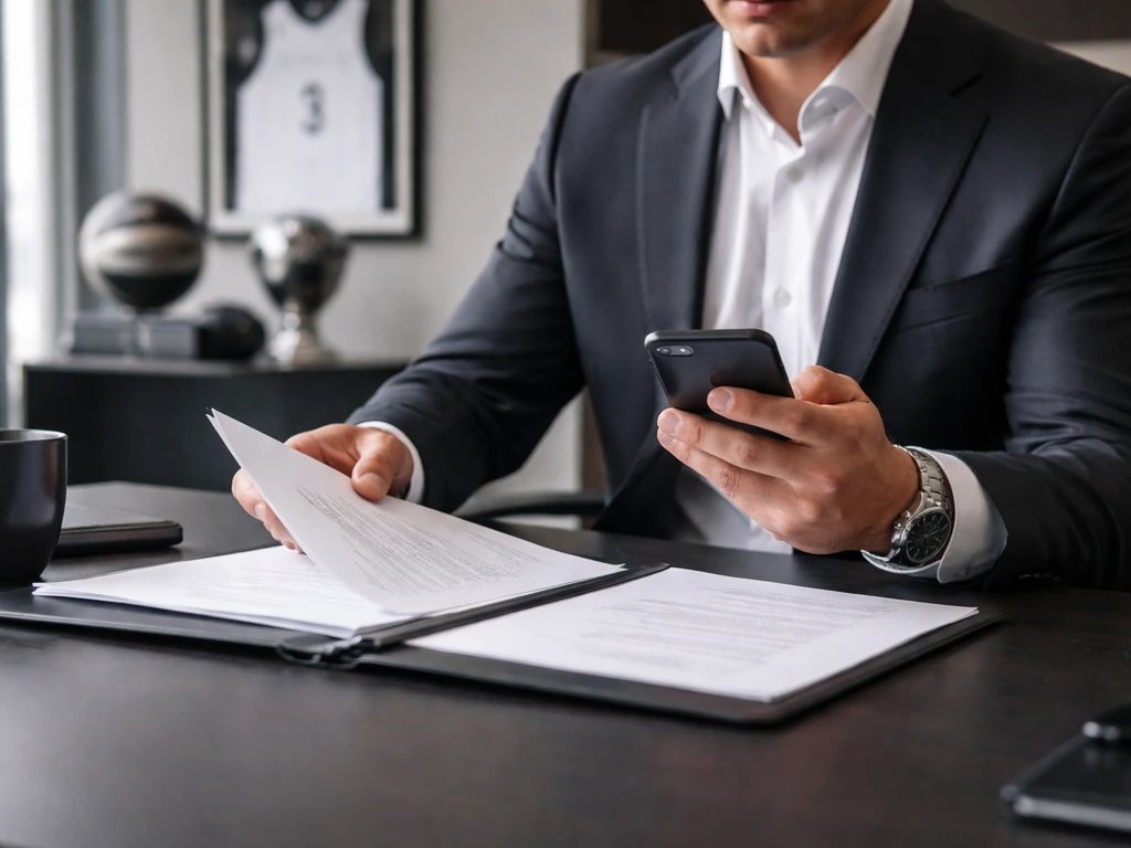 Anonymous executive in a minimal office reviewing partnership documents with sports memorabilia in background.