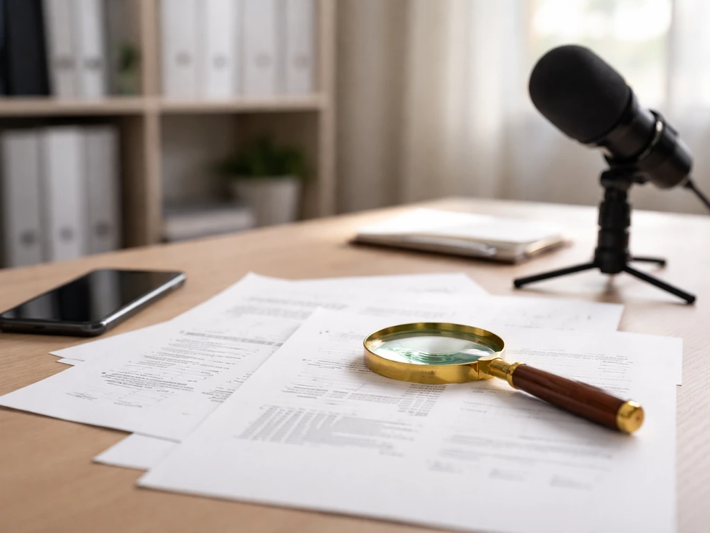 Minimal desk scene with documents and a smartphone showing finance verification cues through objects only.