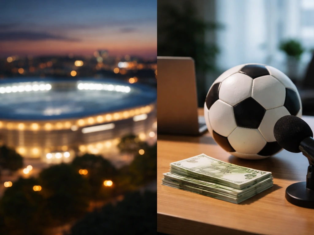 Minimal photo of a stadium-themed desk scene with cash, a football, and blurred city lights symbolizing club value vs sa