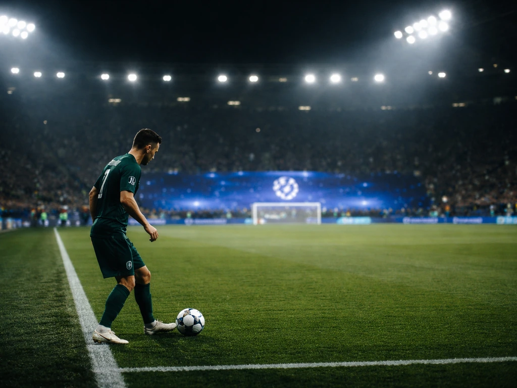 Footballer on a pitch at night with an illuminated UEFA-style backdrop behind him.