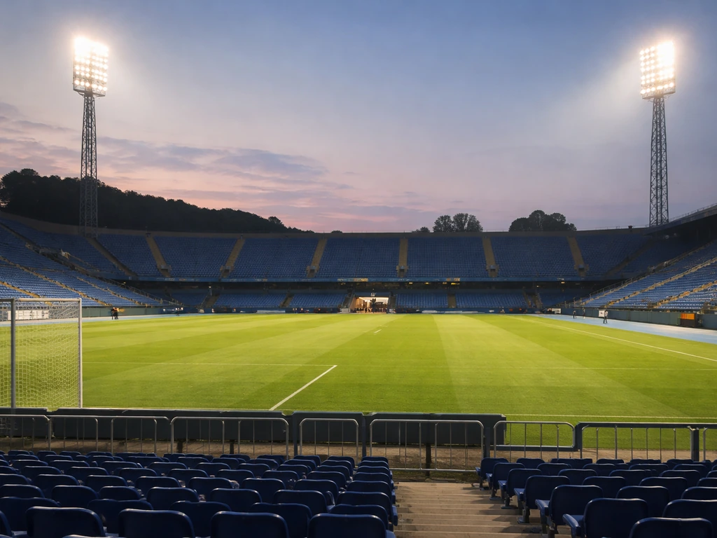 Empty seats and stadium lights at Stadion Maksimir in Zagreb, with a matchday atmosphere vibe