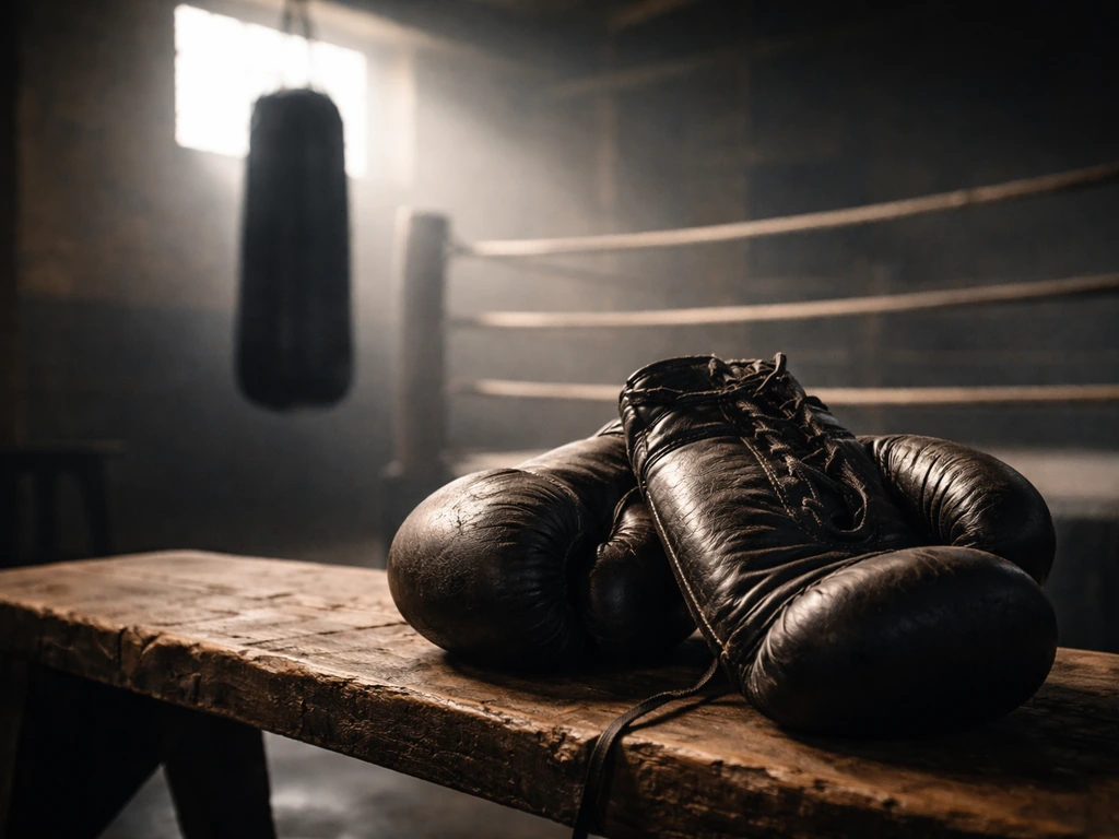 Worn boxing gloves on a bench in a dim training gym with a blurred heavy bag and ring ropes behind