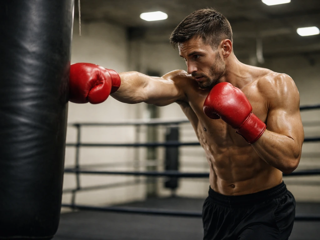 Light heavyweight boxer in a gym throwing a jab at a heavy bag, red gloves, realistic photo style.