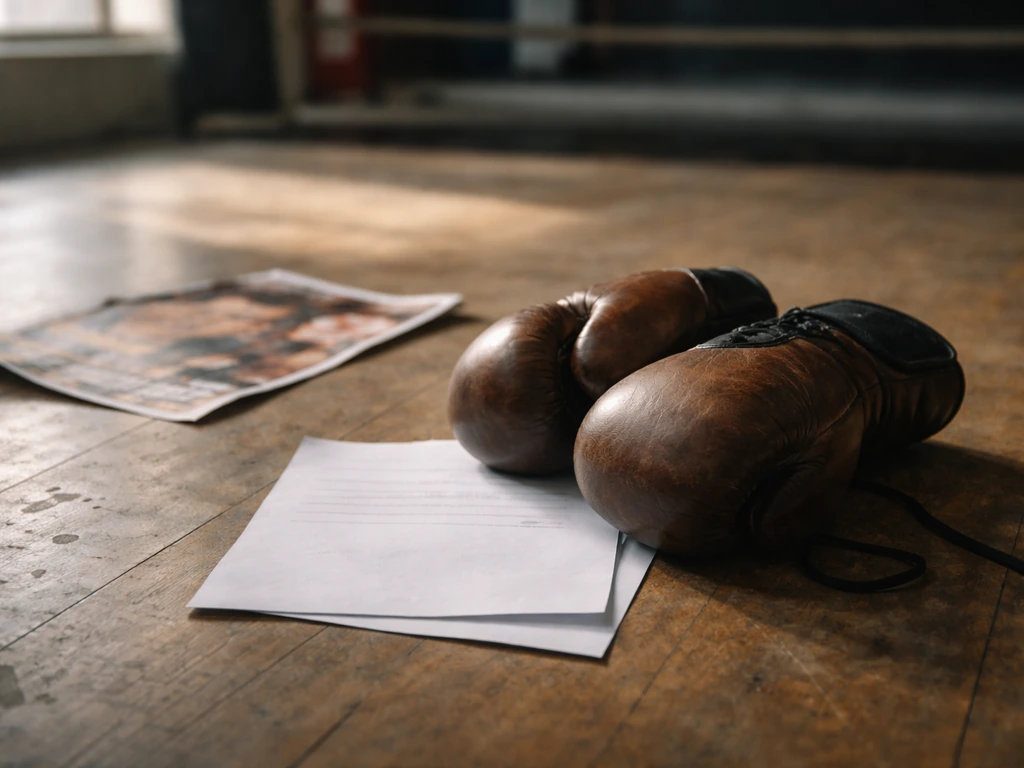 Boxing gloves resting on a gym floor beside a payout contract and event poster, symbolizing fight purses.