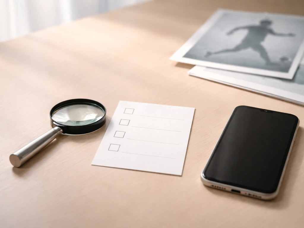 Minimal desk scene with checklist cards, smartphone, and paperwork for verifying a sports record number.