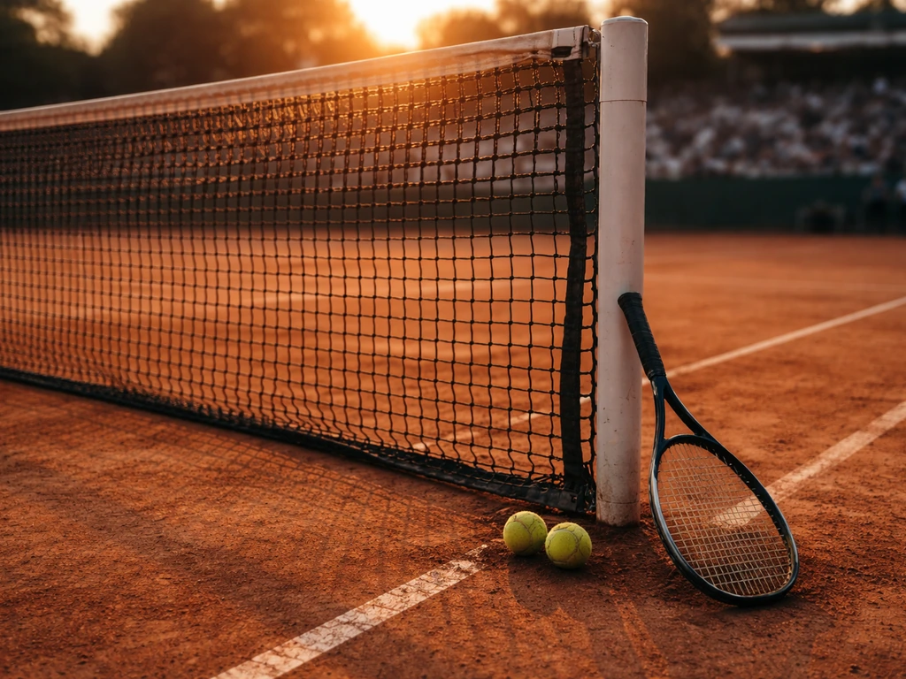 Empty clay tennis court with the net in focus and a racket and balls suggesting career earnings.