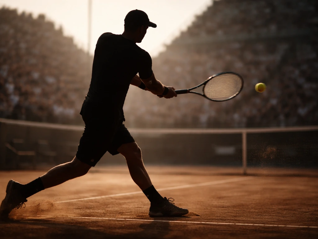 Anonymous tennis player swinging on a clay court with stadium blur in the background.