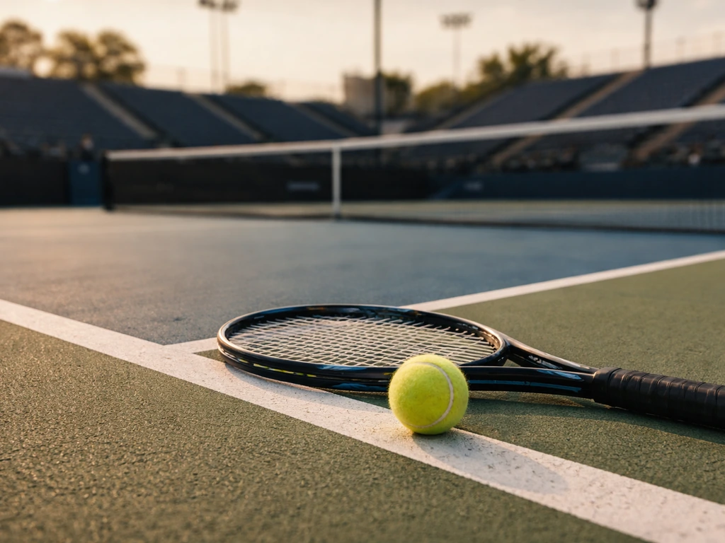 Tennis racket and ball on a WTA-style court with blurred stadium background, symbolizing tennis earnings