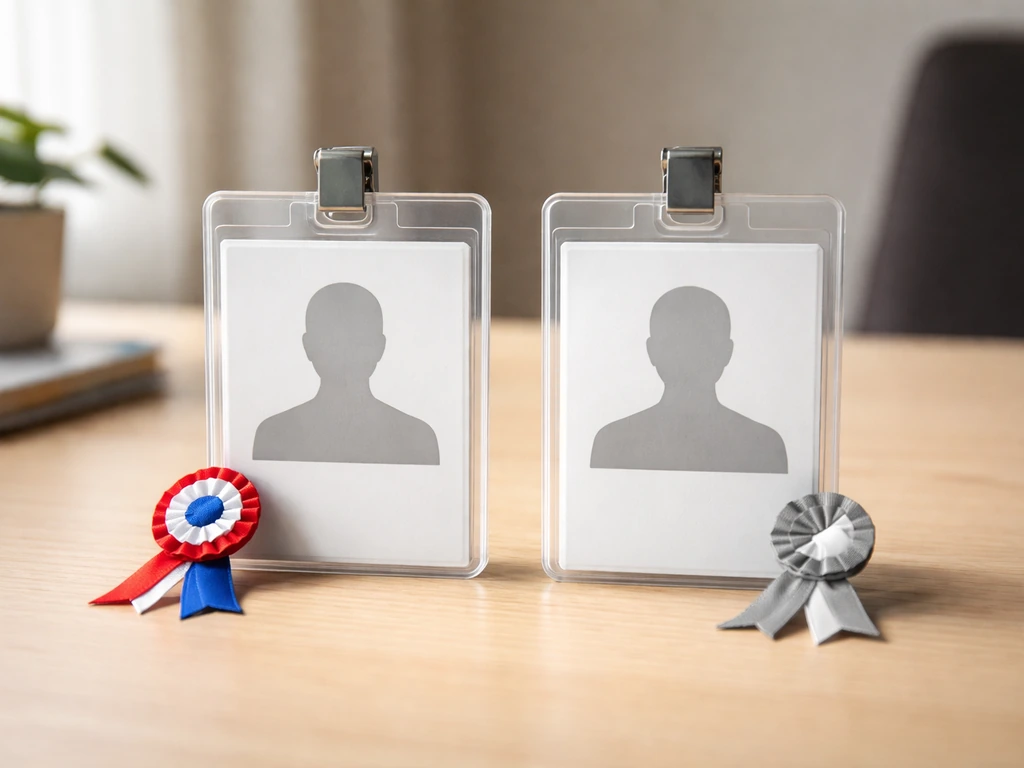 Two blank ID-card holders on a desk with different colored pins for visual disambiguation.