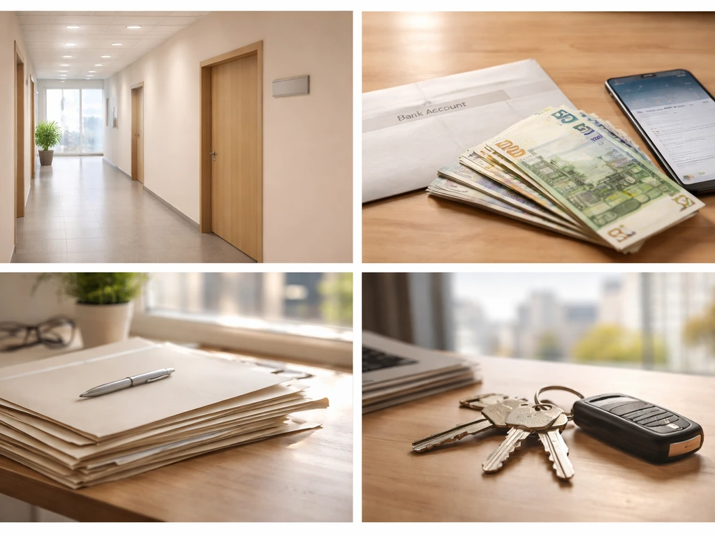 Minimal 2x2 photo collage of municipal office, cash and phone, filing folders, and keys symbolizing income and assets.