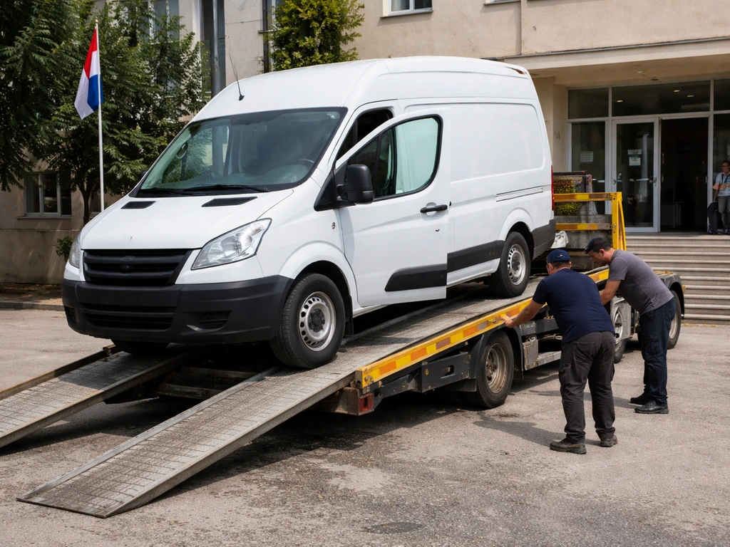 A white van donation handover in a quiet municipal courtyard with a ramp and workers in view.