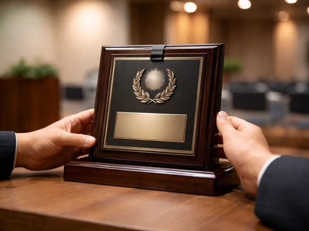 Close-up of a presented ceremonial award plaque with ribbon on a wooden table during an intimate ceremony