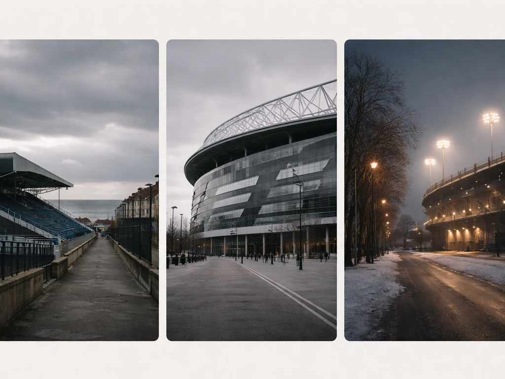 Minimal photo-style collage showing Portsmouth, Tottenham Hotspur, and Dynamo Kyiv as three club-related scenes