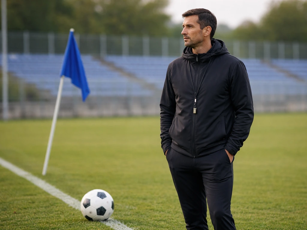 Anonymous football coach preparing for training on a grass pitch beside a ball and blue team flag.