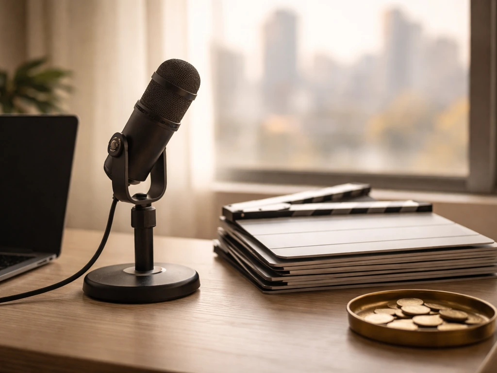 Minimal photo of a quiet media office desk with a microphone and cash-neutral props suggesting celebrity net-worth inter