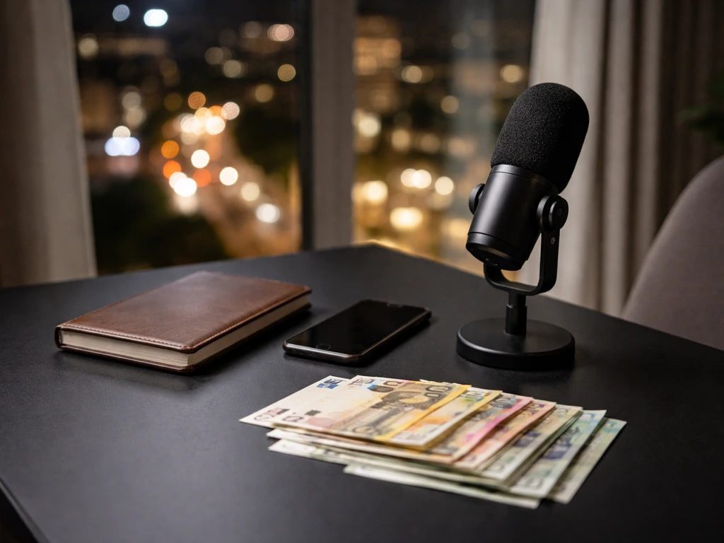Minimal photo of a luxury desk setup with a microphone and scattered euros, symbolizing wealth gap in entertainment vs s