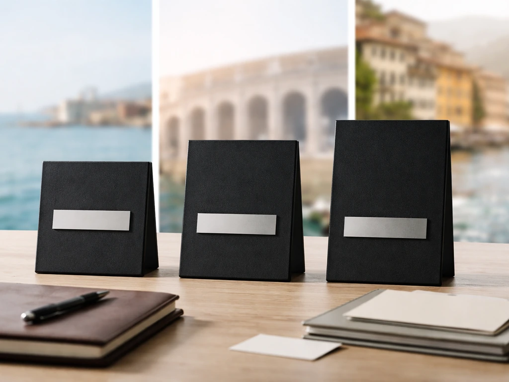 Minimal desk scene with three blank plaques suggesting a career progression across locations.