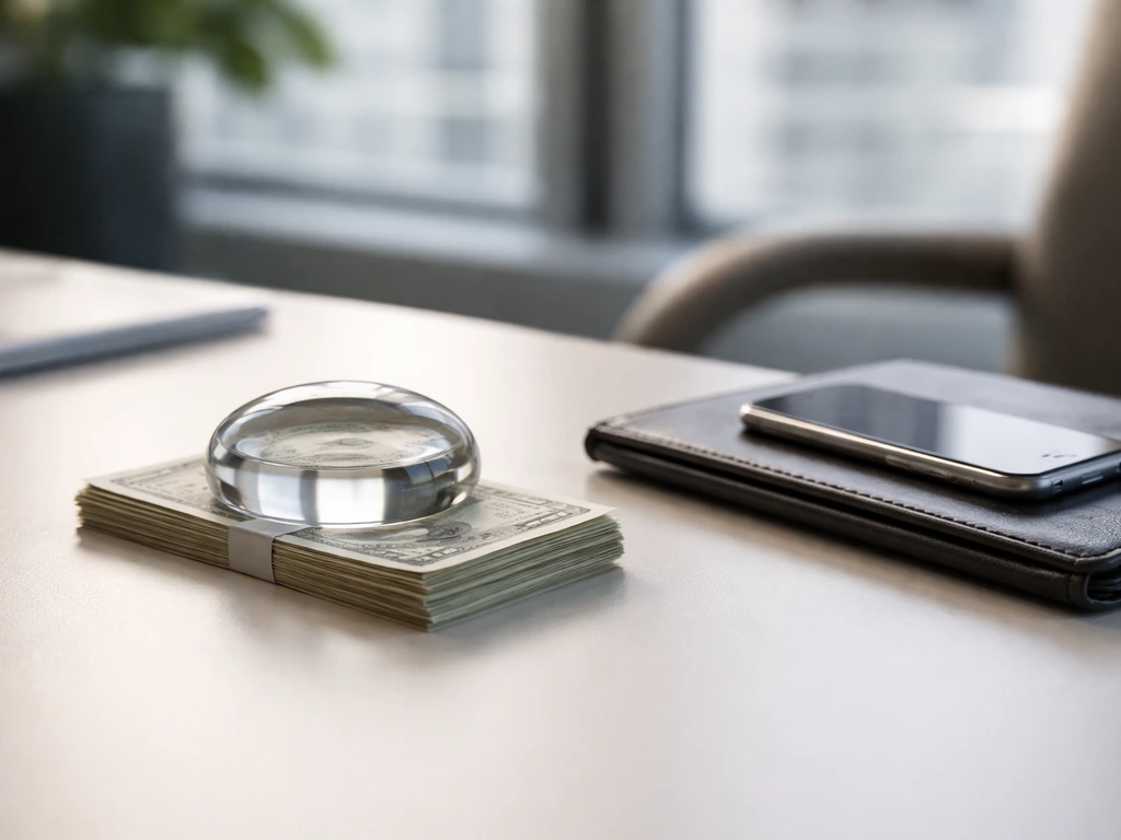 Desk scene with dollar bills under a glass paperweight, smartphone and portfolio nearby