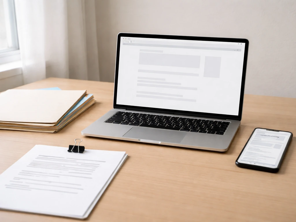 Laptop and smartphone on a simple desk with printed documents and folders for verifying public records.