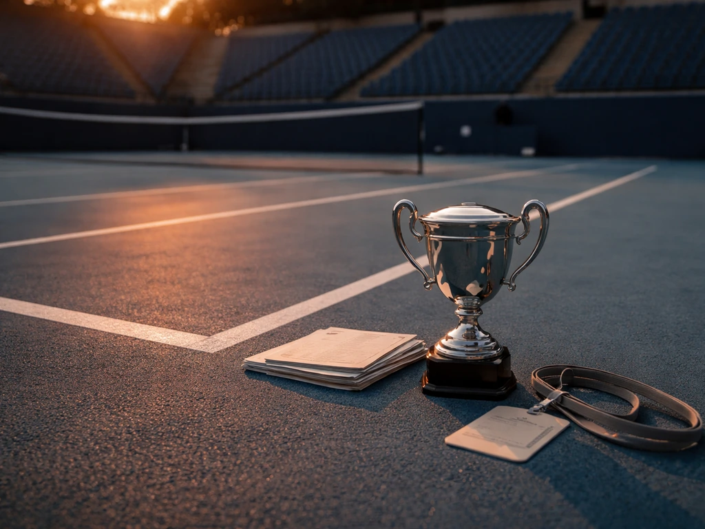 Silver tennis trophy on a tennis court beside face-down ATP-style record papers, no people visible.