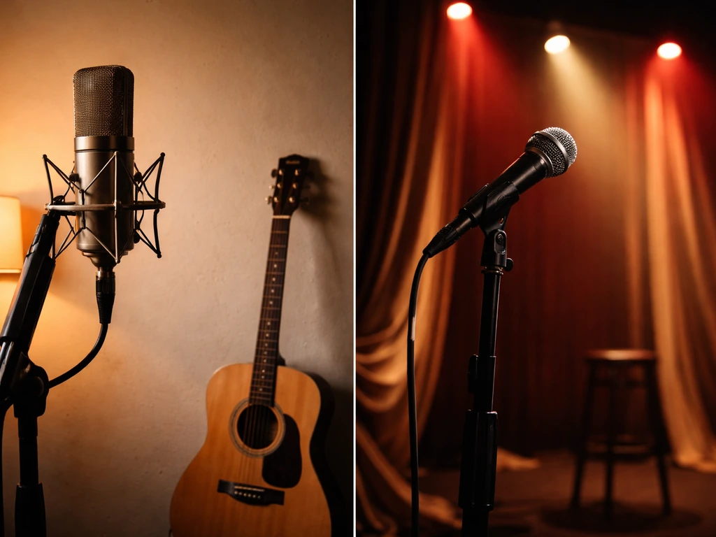 Two minimalist music scenes with microphones and guitars, hinting at two different Saša Matić identities