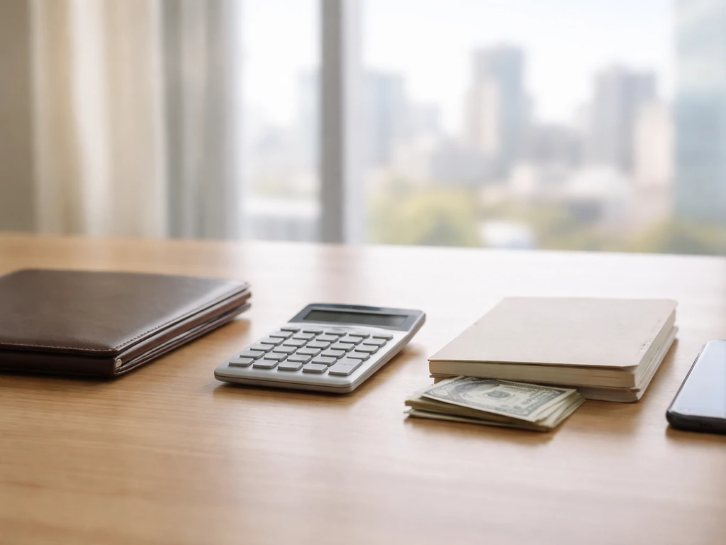 Minimal financial desk scene with calculator and cash on a wooden desk near a bright office window.
