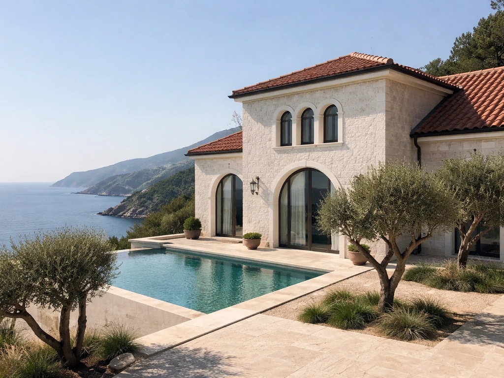 Daylight exterior of a luxury Mediterranean villa with a small pool and distant Adriatic coastline.