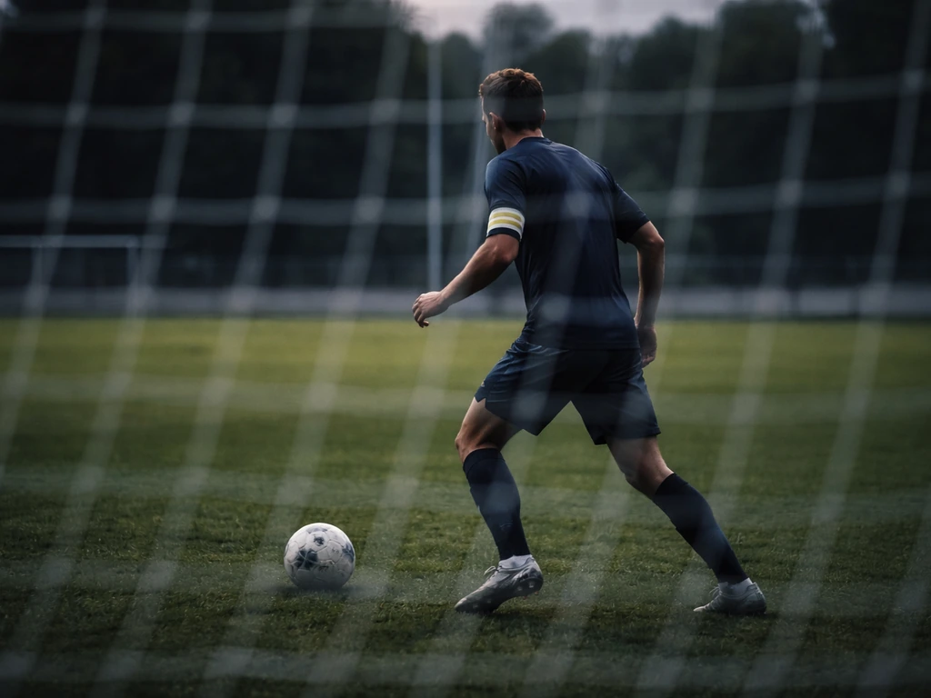 Anonymous soccer player in a dark blue kit on a quiet pitch, symbolic of a long professional career.
