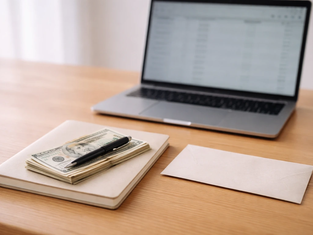 Minimal desk scene with a notebook and cash envelope beside a laptop, suggesting financial breakdown