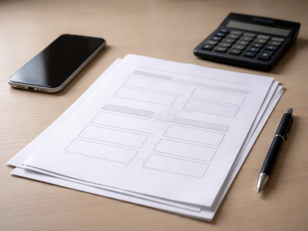 Anonymous desk scene with calculator and blank contract pages suggesting wage-to-annual calculation.