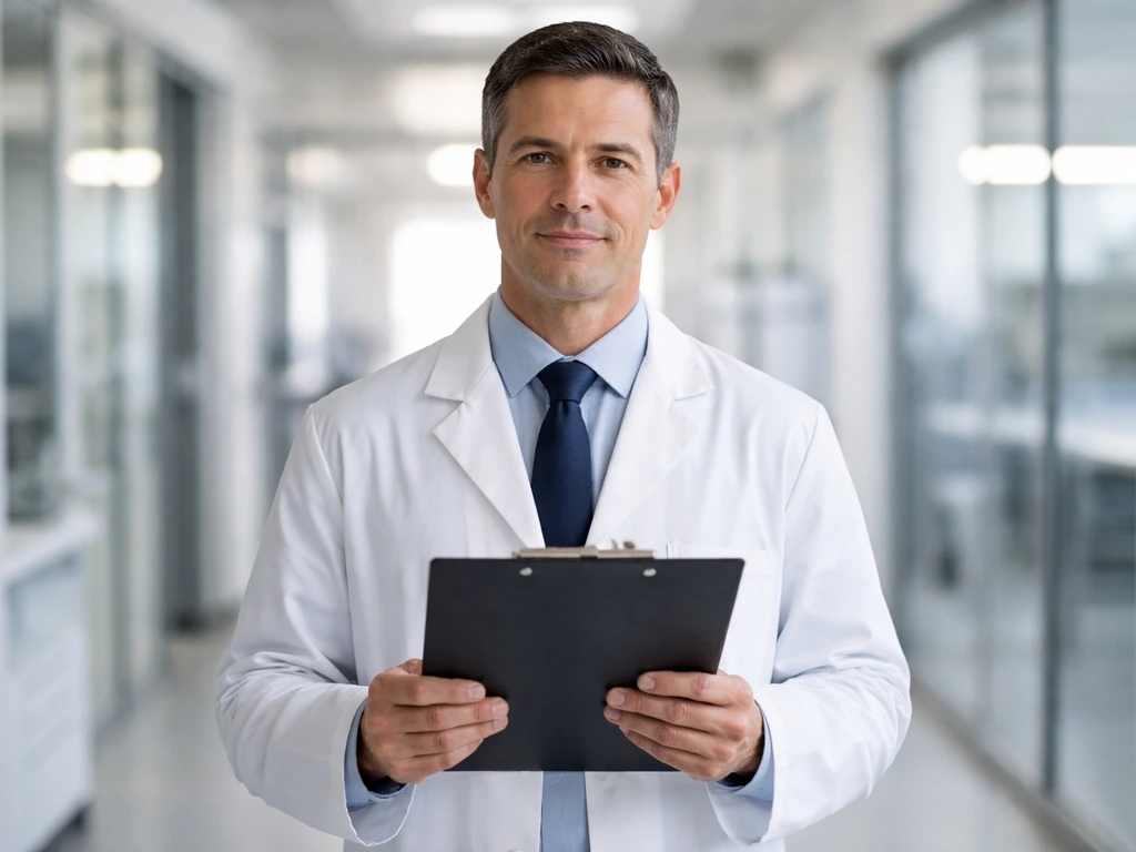Anonymous man in a white lab coat in a quiet modern lab corridor holding a clipboard