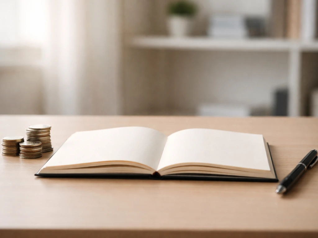 Minimal desk scene with scattered coins and a notebook, suggesting shifting net-worth estimates over time.