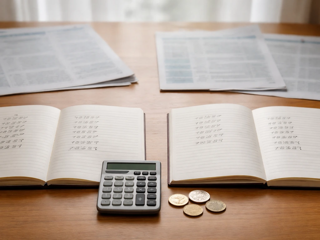 Two open notebooks and a calculator on a desk with blurred financial headlines in the background