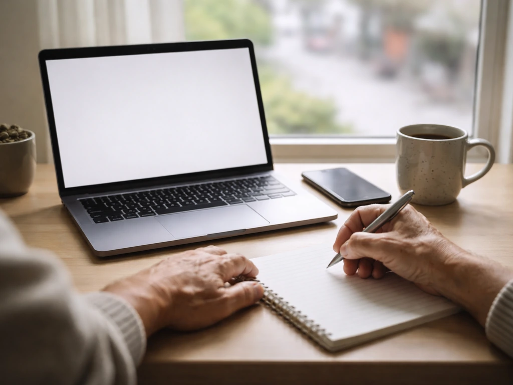 Hands planning on a home office desk with laptop, notebook, and phone in natural light.