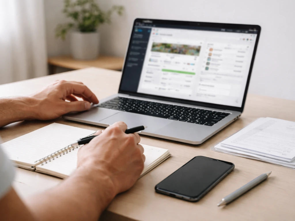 Anonymous hands using a laptop and phone to review a blurred sports finance website for an estimate update.