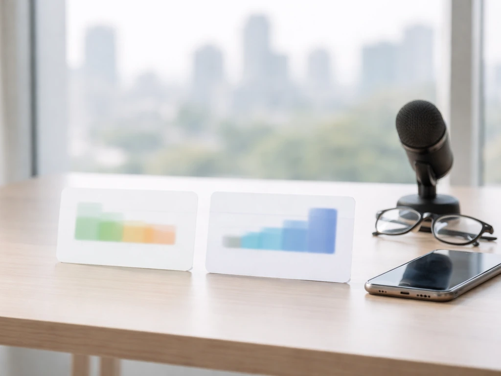 Minimal desk scene symbolizing two net-worth estimate ranges using colored cards and business media tools.