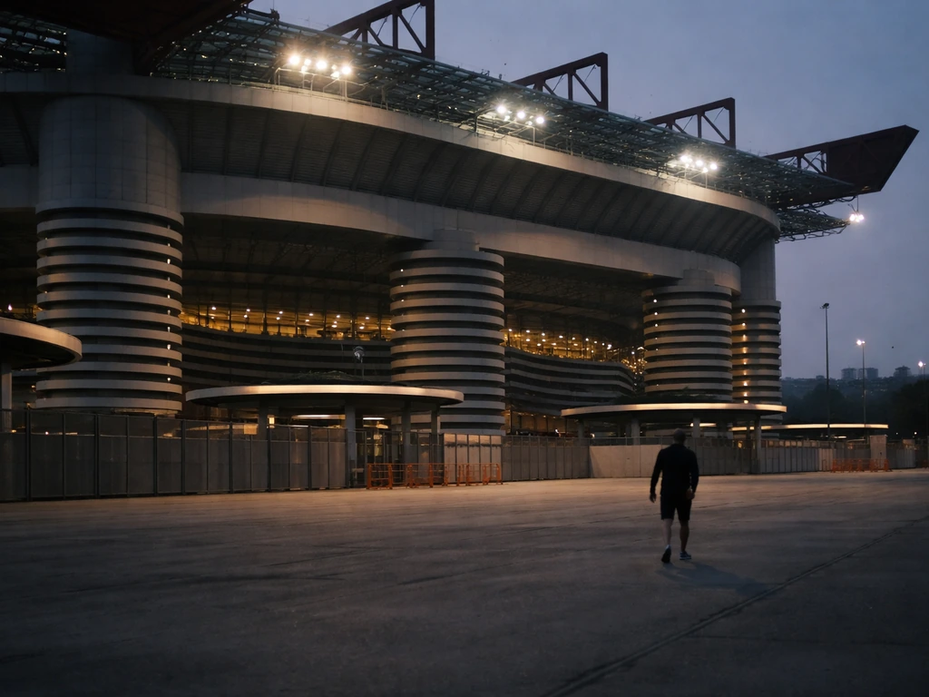AC Milan stadium exterior at dusk with a subtle coaching-era vibe and businesslike atmosphere