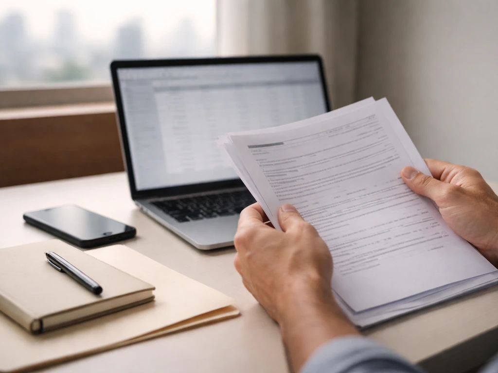 Hands reviewing documents and a phone on a desk, symbolizing verification of income records for net worth claims.