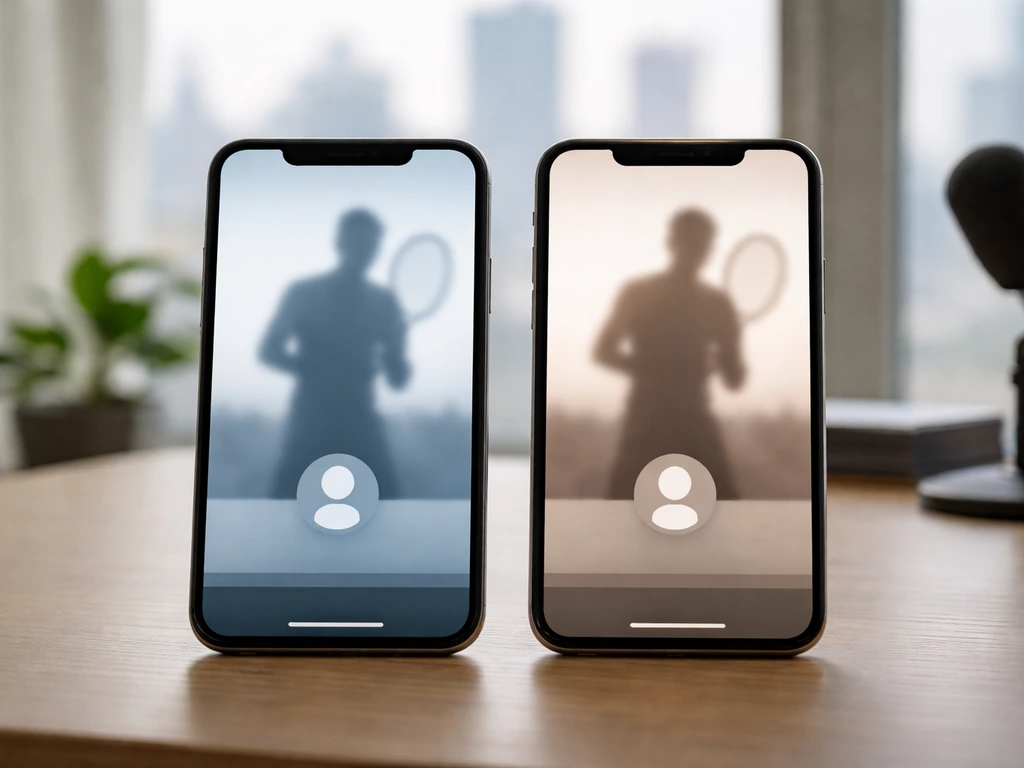 Two blurred tablet-style profile cards in a dim office, symbolizing confusing similar identities