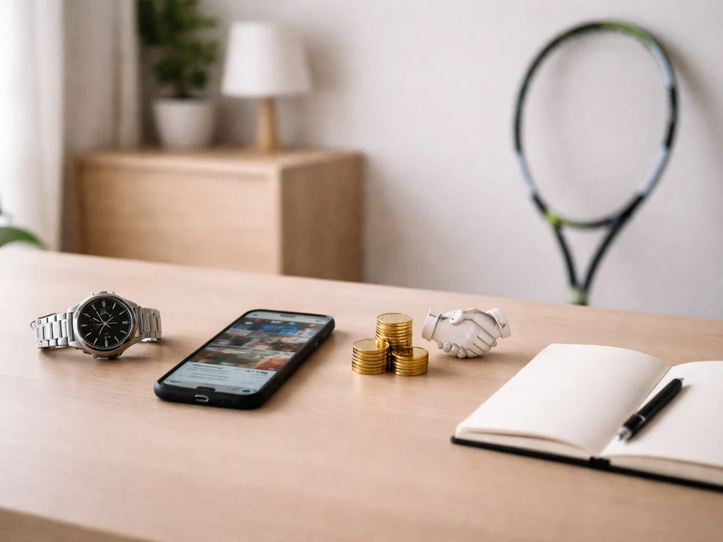 Minimal desk scene with tennis racket and symbolic money/media objects representing net-worth components.