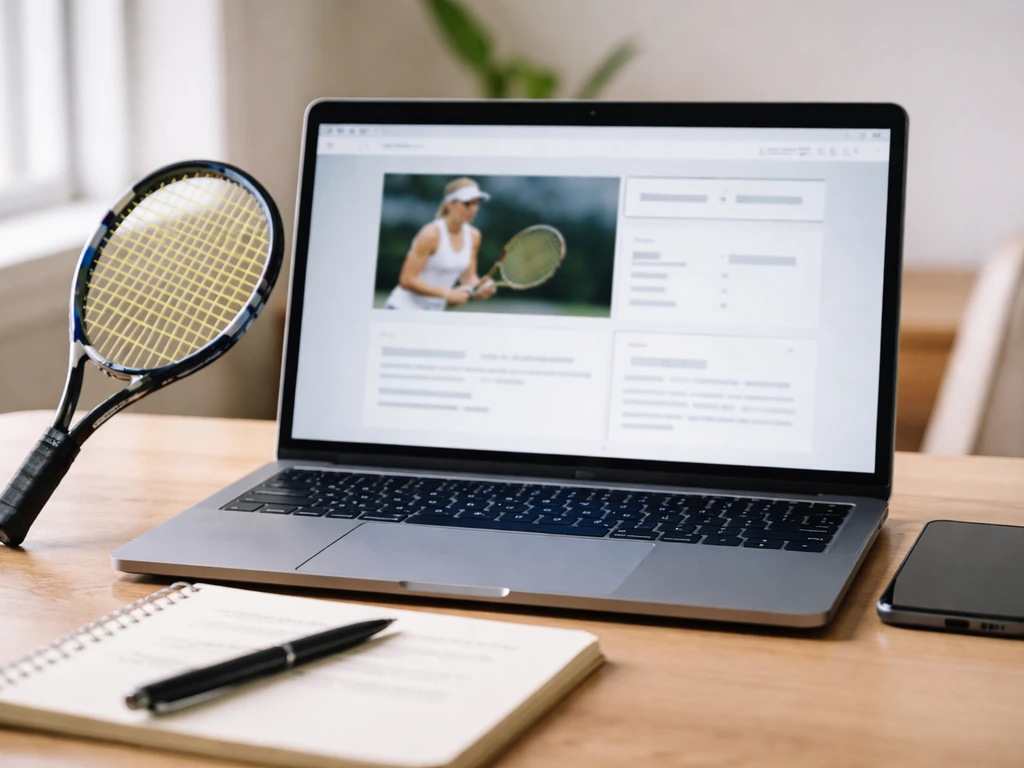 Minimal desk scene with laptop showing a generic sports profile page, plus phone, notepad, and tennis racket.