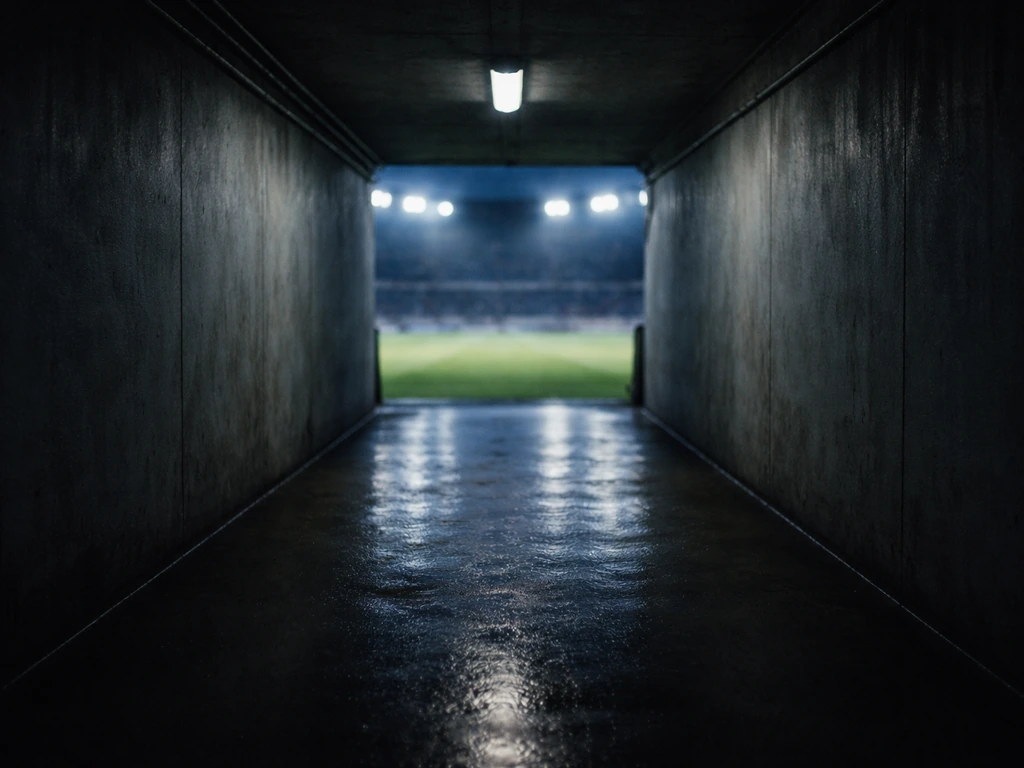Empty football stadium tunnel with a shadowy pitch view, symbolizing a player’s financial career focus.