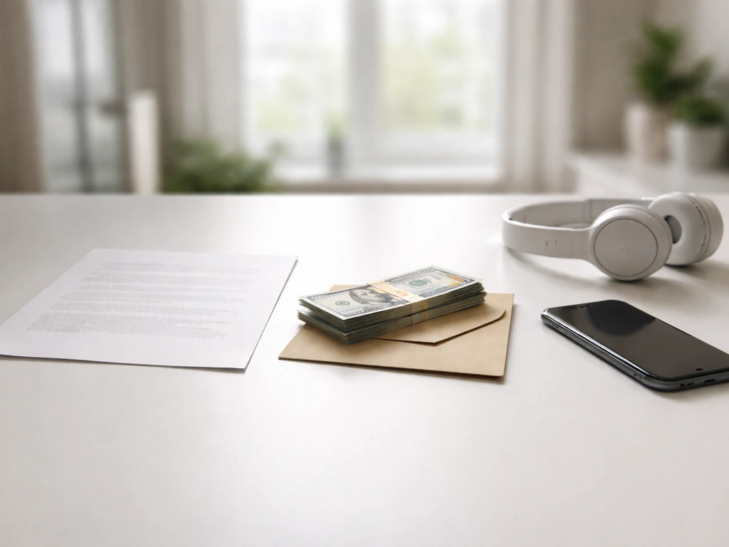 Minimal office desk scene with blurred contract paper, envelope and money, plus phone and headphones.