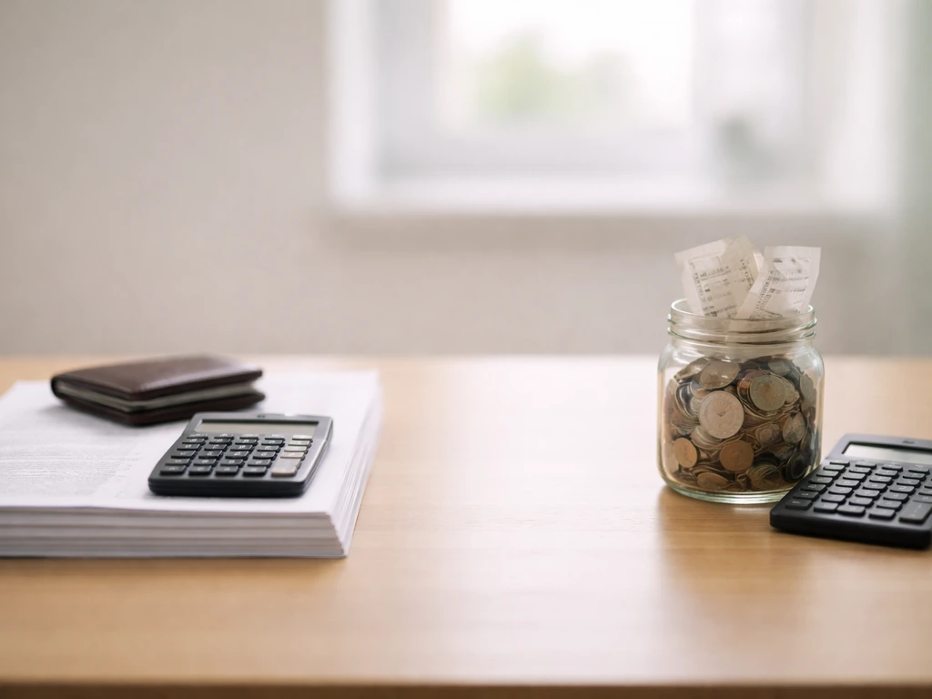 Minimal desk scene with two adjacent financial items suggesting gross vs net comparison.