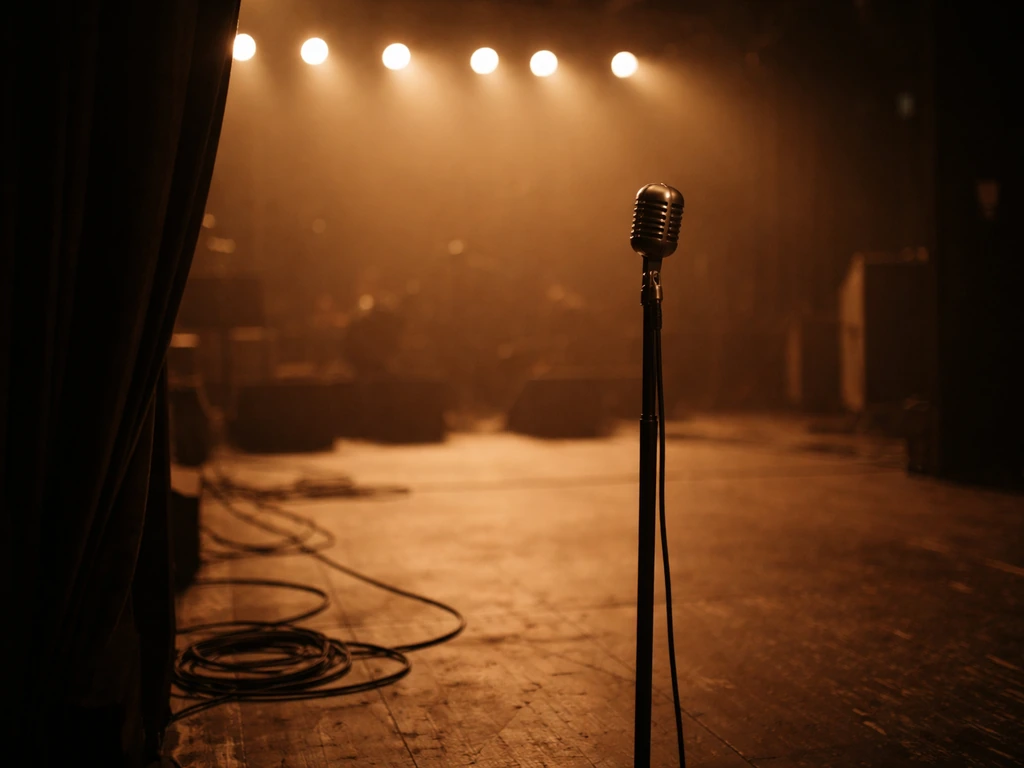 Backstage studio scene with a microphone stand and soft stage lights, suggesting a long-running music media career