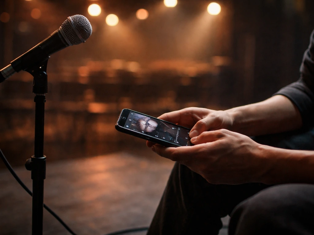 Anonymous musician’s hands and smartphone near a microphone, evoking live performance and royalty rights context.