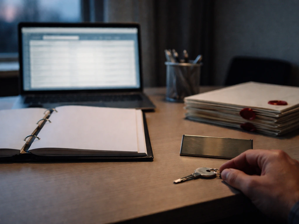 Minimal registry-office desk scene with blurred laptop showing a company-ownership context.