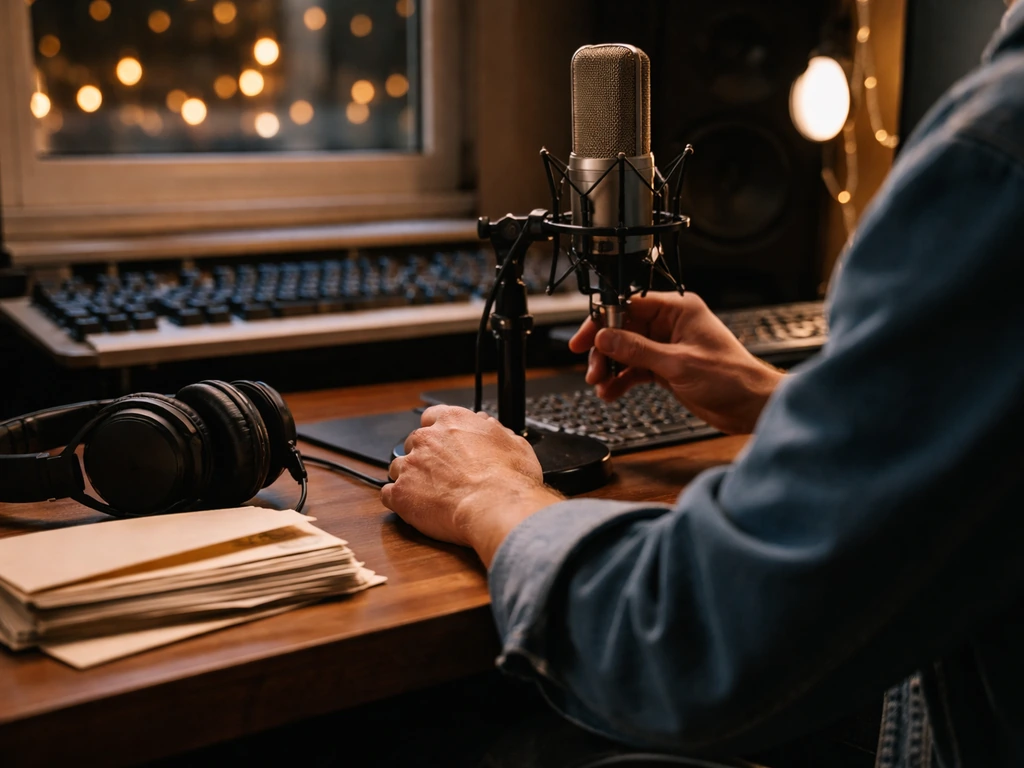 Anonymous music studio scene with a microphone, warm lights, and blurred city night bokeh, symbolizing earnings/media.