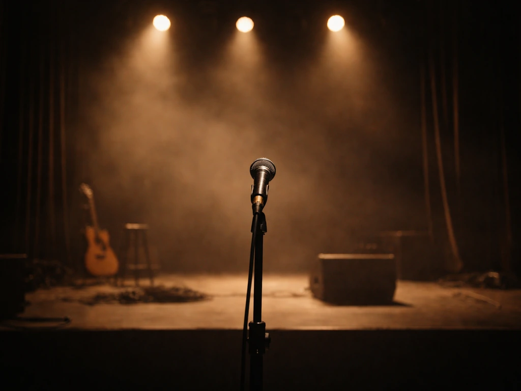 Empty concert stage with warm lights, a microphone on a stand, and a subtle sense of celebrity pop-folk music era